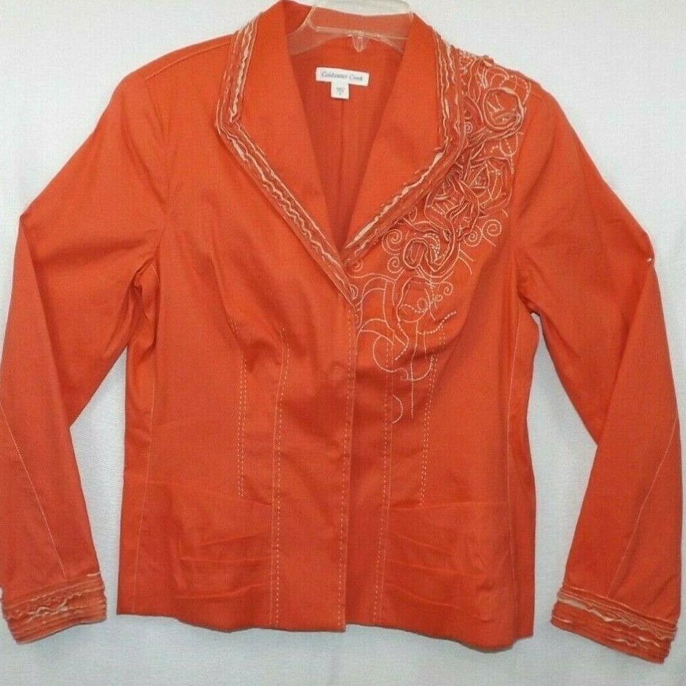 COLDWATER CREEK Women's Sz 8 Blazer Jacket Orange Linen Blend Slim Ribbon Detail